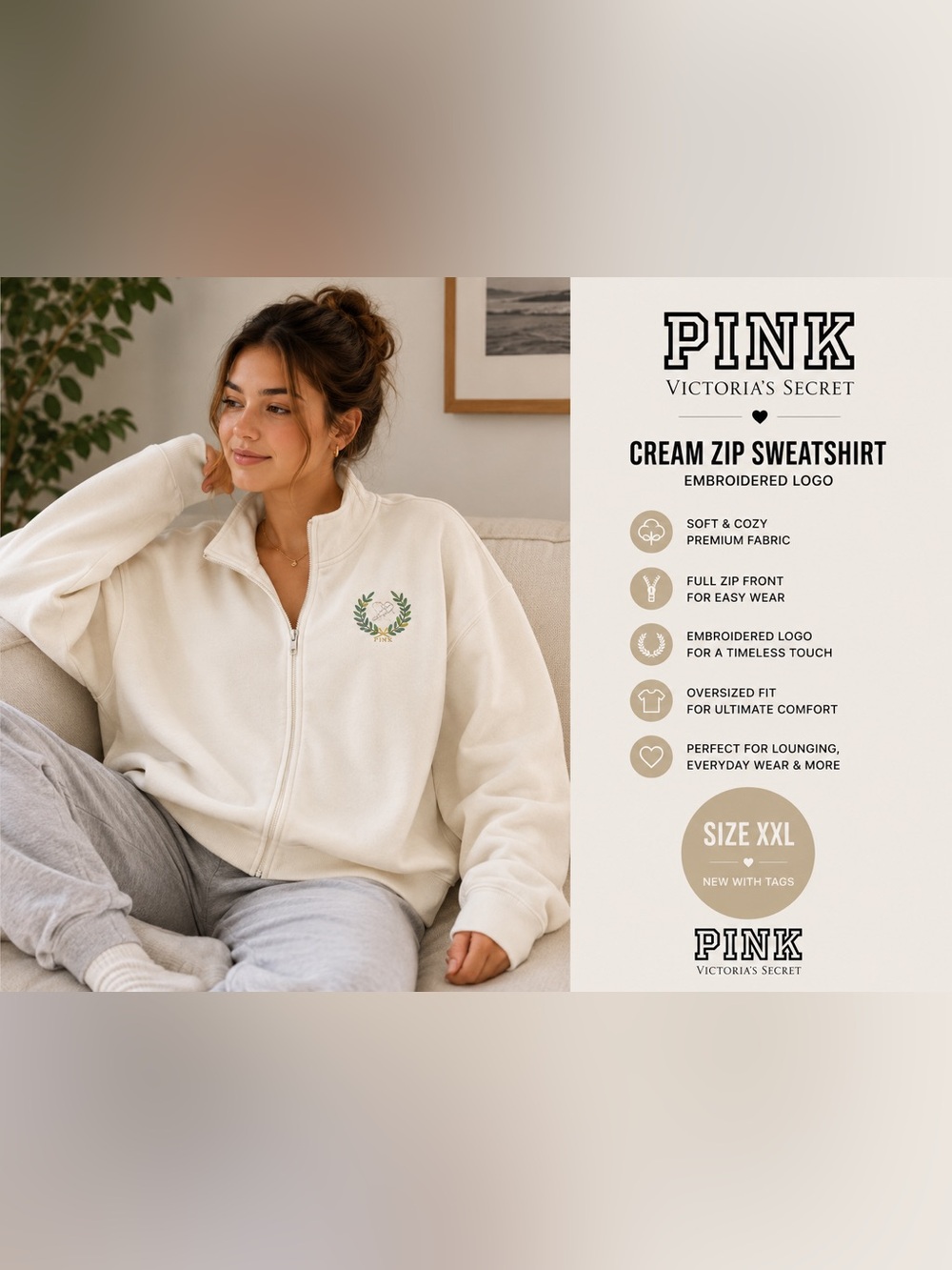 VS PINK Cream Zip Sweatshirt XXL Embroidered Logo Oversized Cozy